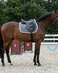 Cavallo baio in campo ostacoli con un sottosella da salto grigio e profilo bianco