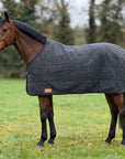 Brown horse from the side in the paddock with a dark grey under rug in wool — AI-generated example image