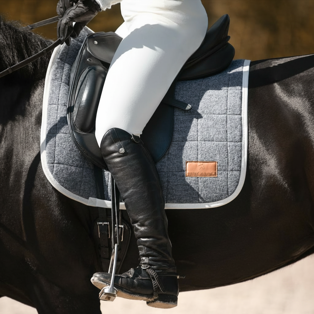 Graue CHVX*N Dressurschabracke mit weisser Paspel unter dem Sattel eines dunklen Pferdes
