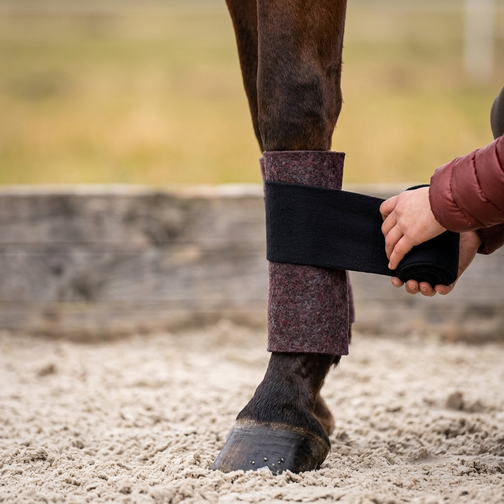 Hand wickelt eine schwarze Bandage über eine bordeauxrote CHVX*N Bandagierunterlage aus Merinowolle