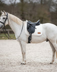Schimmel op de zandbak met een crèmekleurig molton zadeldek onder een zwart dressuurzadel