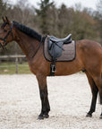 Caballo bayo en la pista de arena con una mantilla de doma color topo bajo una silla de doma negra